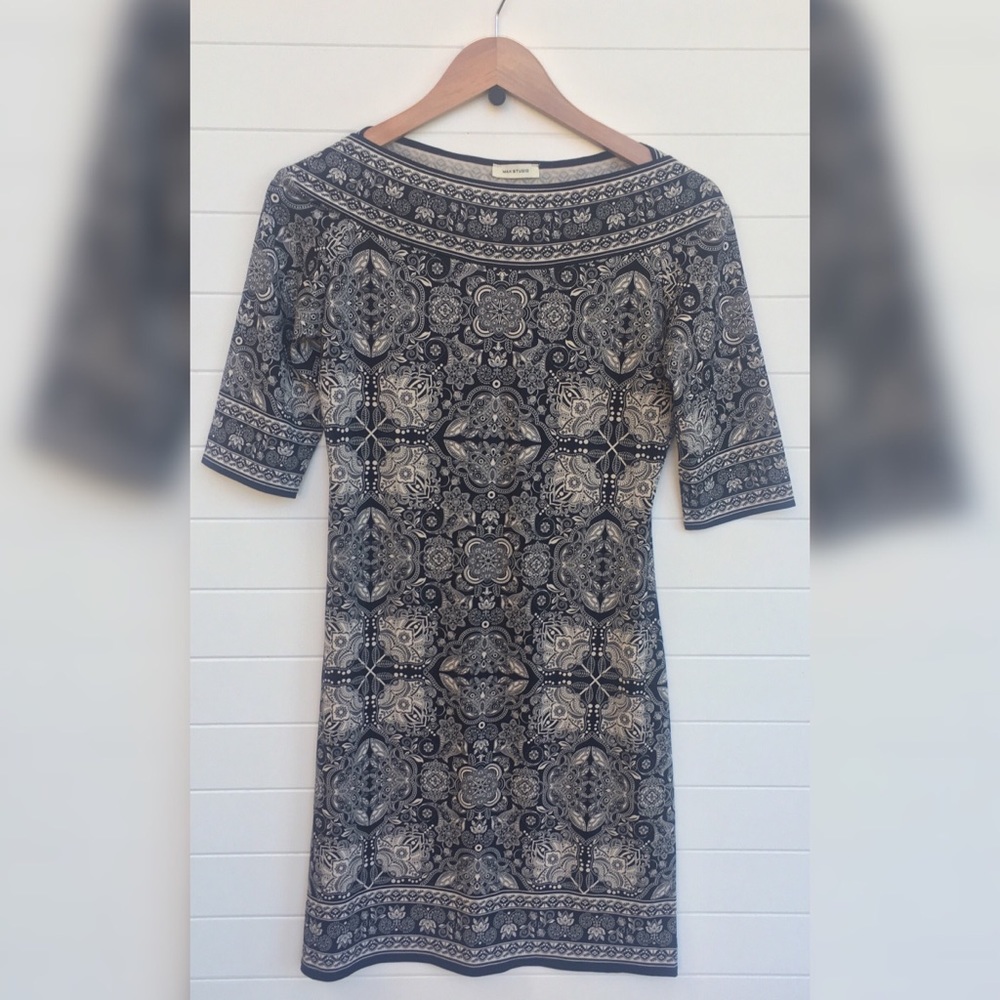 Max Studio Boho Paisley Bodycon Pattern Dress Crop Sleeve Boat Neck Black White